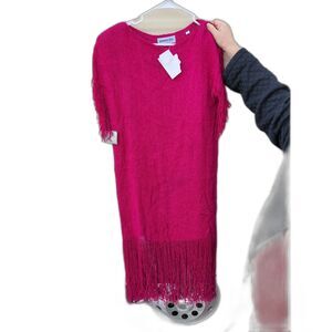 Vibrant Pink Texured Dress with a Fringed Hem & Flattering Drape  Sz Medium